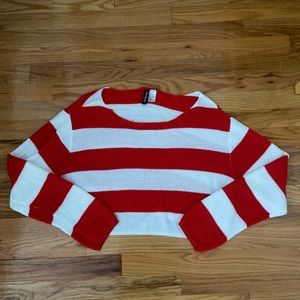 Red and White Striped Crop Top Sweater